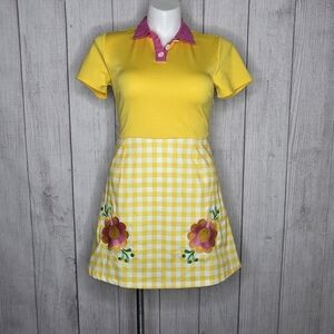 Unique Vintage Smak Parlour Smiley Yellow Gingham Mod Dress Daisy Buttons, sz L